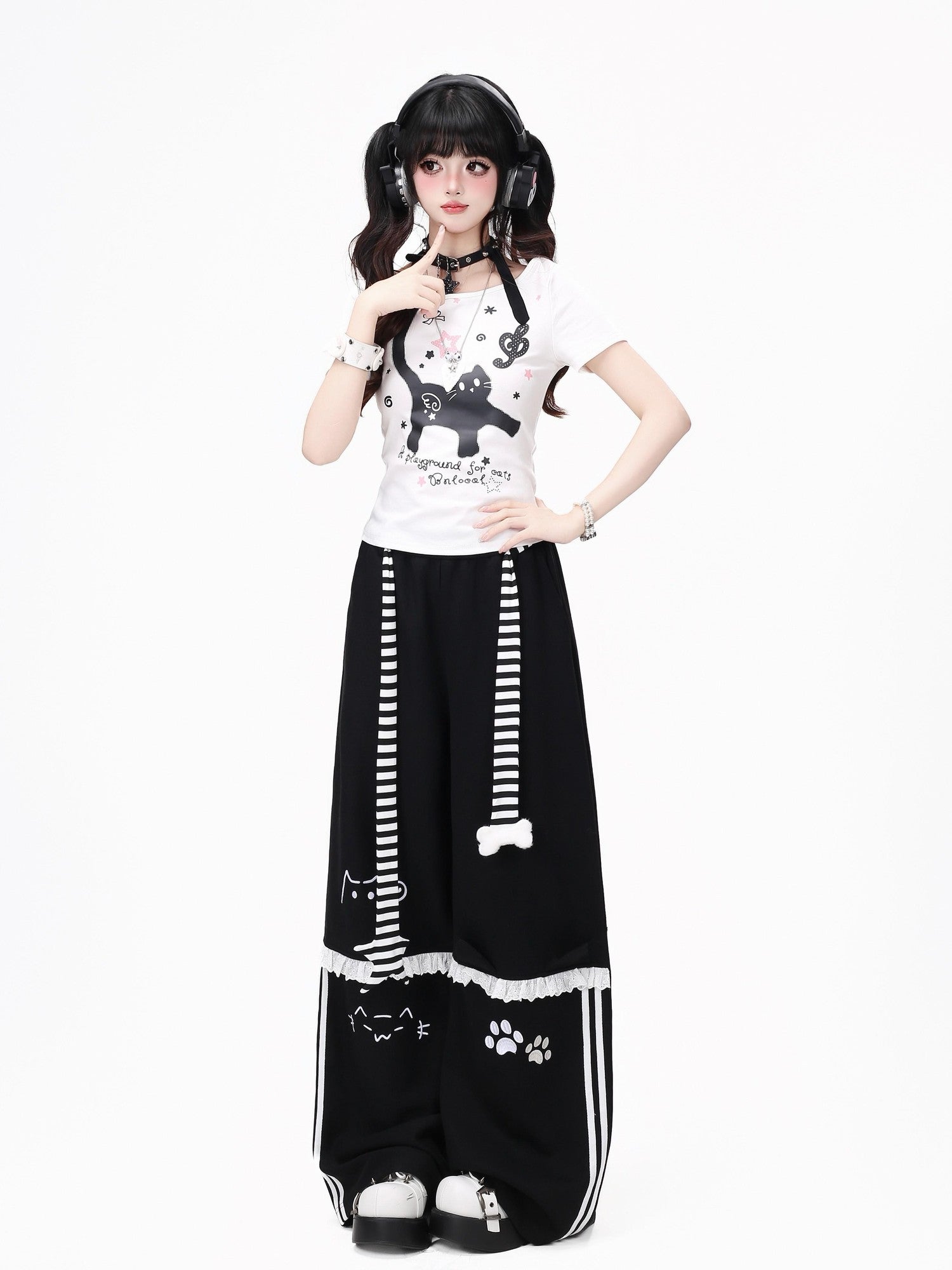 Crazy Girl Line Art Cat Polka Dot Embroidered Lace High Waist Women&