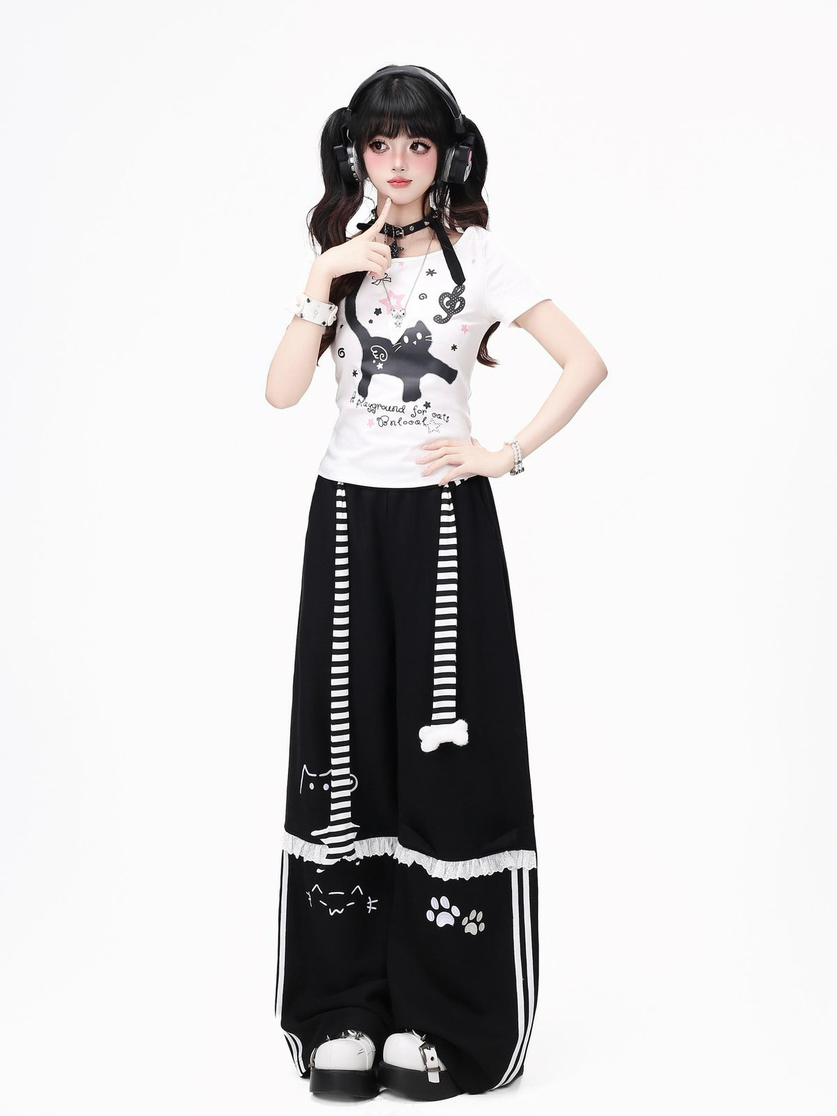 Crazy Girl Line Art Cat Polka Dot Embroidered Lace High Waist Women&