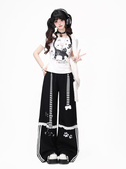 Crazy Girl Line Art Cat Polka Dot Embroidered Lace High Waist Women&