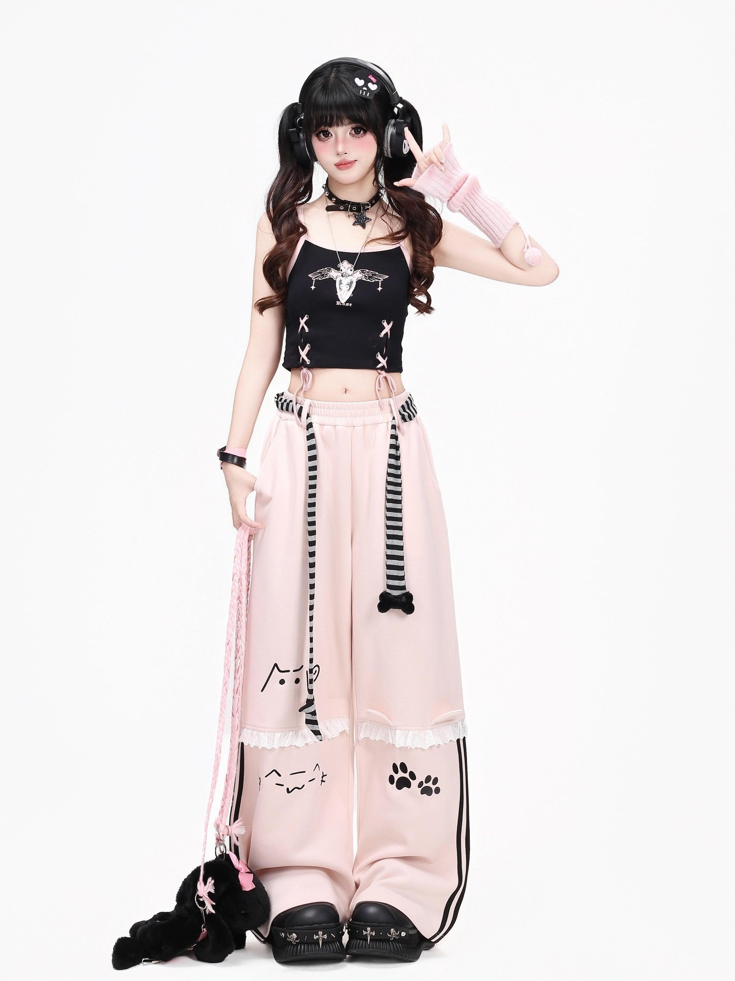 Crazy Girl Line Art Cat Polka Dot Embroidered Lace High Waist Women&