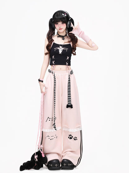 Crazy Girl Line Art Cat Polka Dot Embroidered Lace High Waist Women&