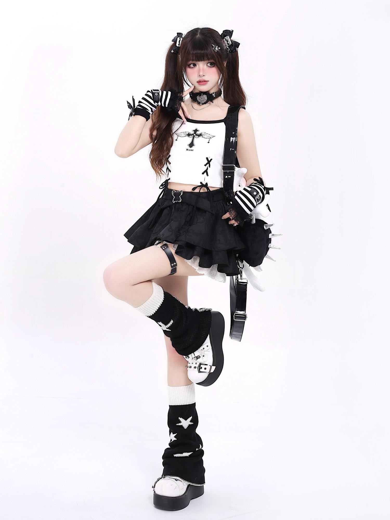 Crazy Girl Long Leg Bow Jacquard Pleated Puff A Line Women&