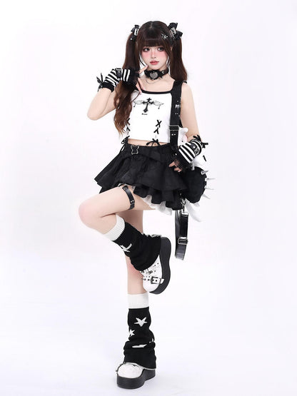 Crazy Girl Long Leg Bow Jacquard Pleated Puff A Line Women&