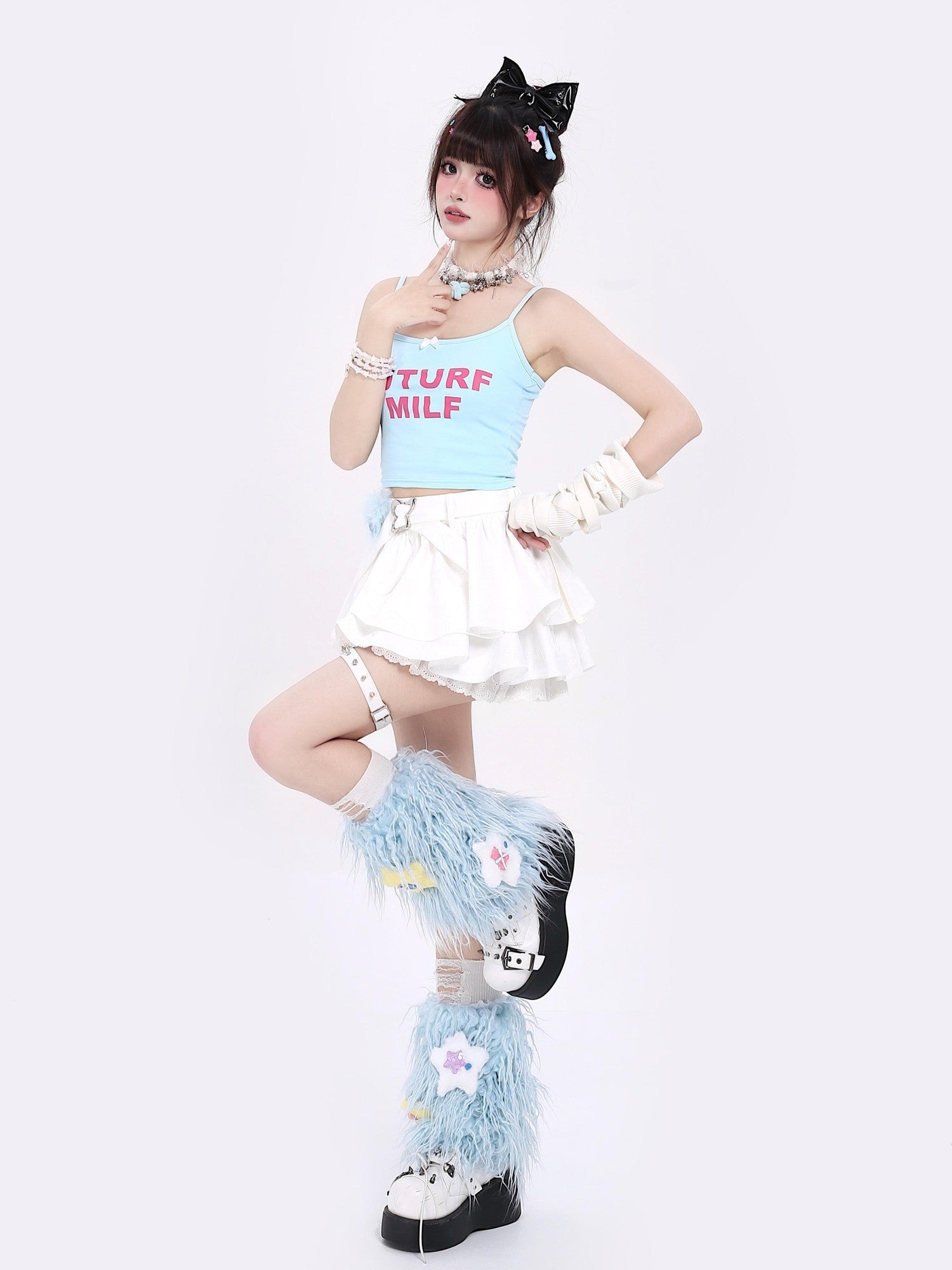 Crazy Girl Long Leg Bow Jacquard Pleated Puff A Line Women&