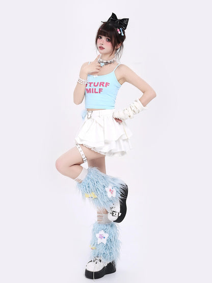 Crazy Girl Long Leg Bow Jacquard Pleated Puff A Line Women&