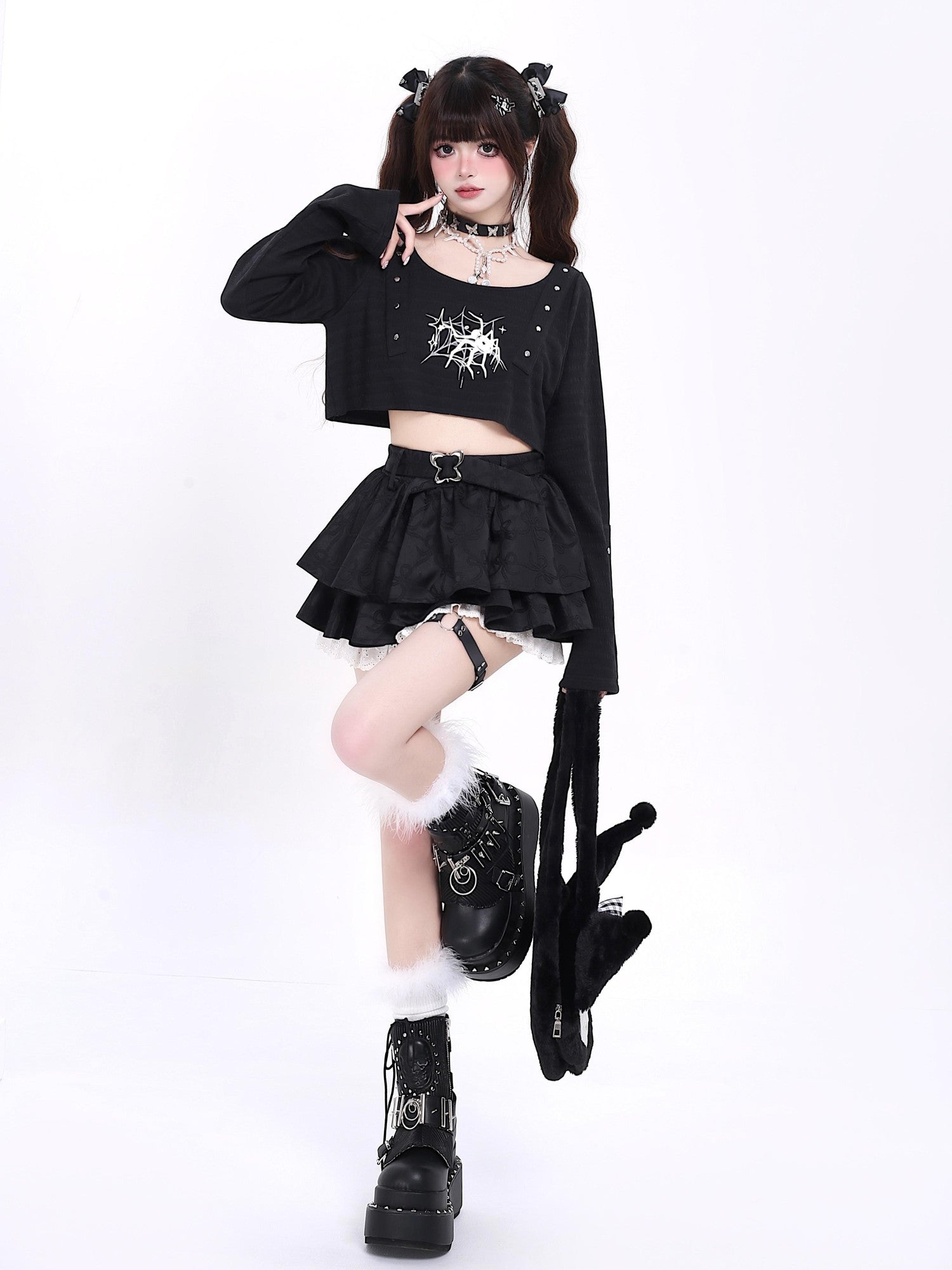 Crazy Girl Long Leg Bow Jacquard Pleated Puff A Line Women&