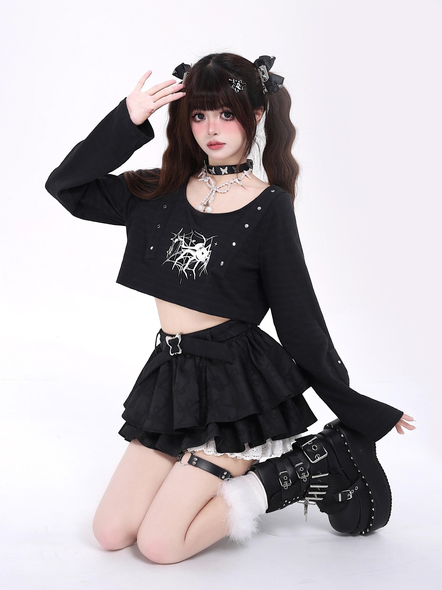 Crazy Girl Long Leg Bow Jacquard Pleated Puff A Line Women&