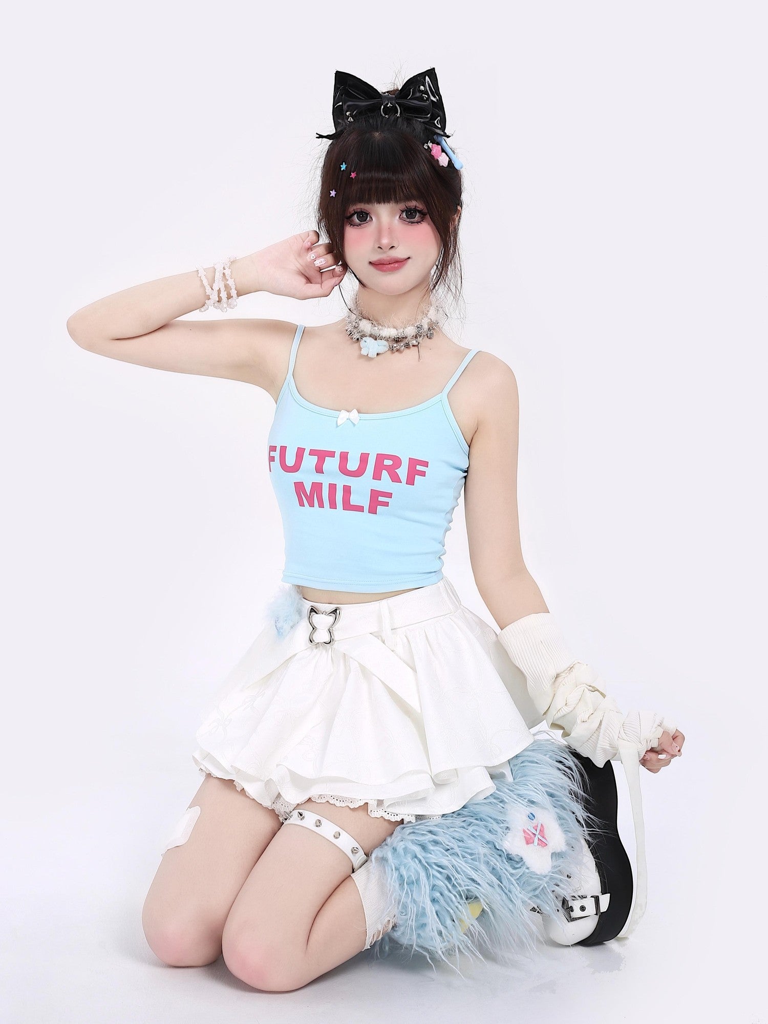 Crazy Girl Long Leg Bow Jacquard Pleated Puff A Line Women&