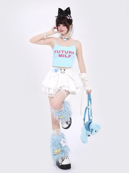 Crazy Girl Long Leg Bow Jacquard Pleated Puff A Line Women&