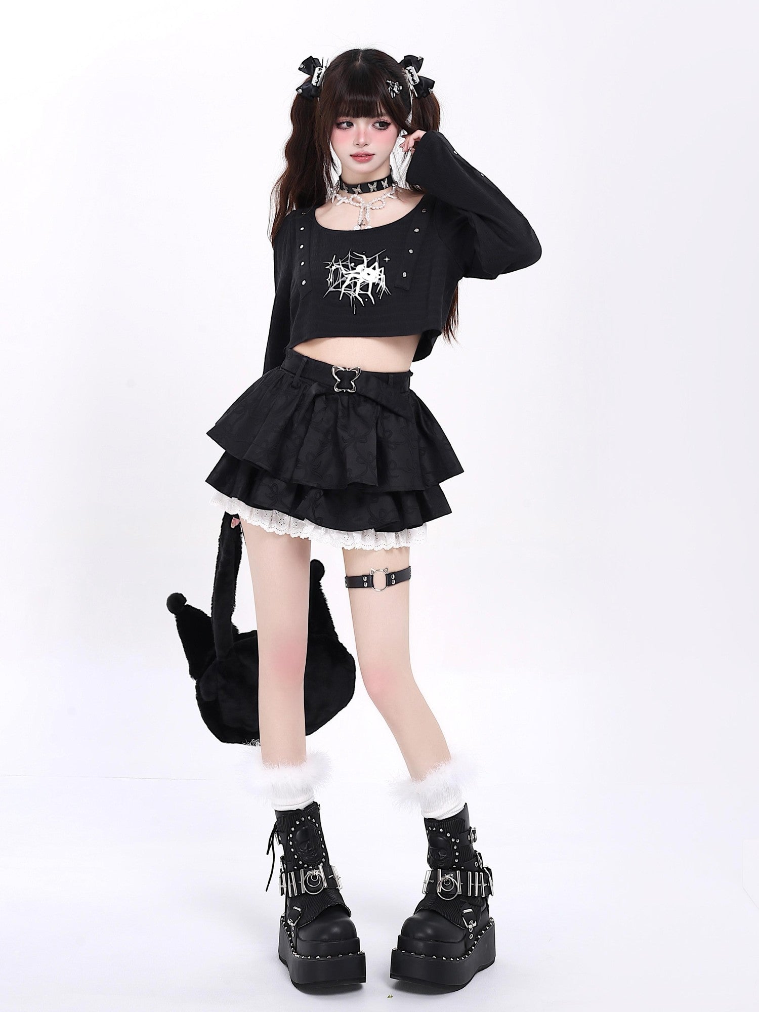 Crazy Girl Long Leg Bow Jacquard Pleated Puff A Line Women&