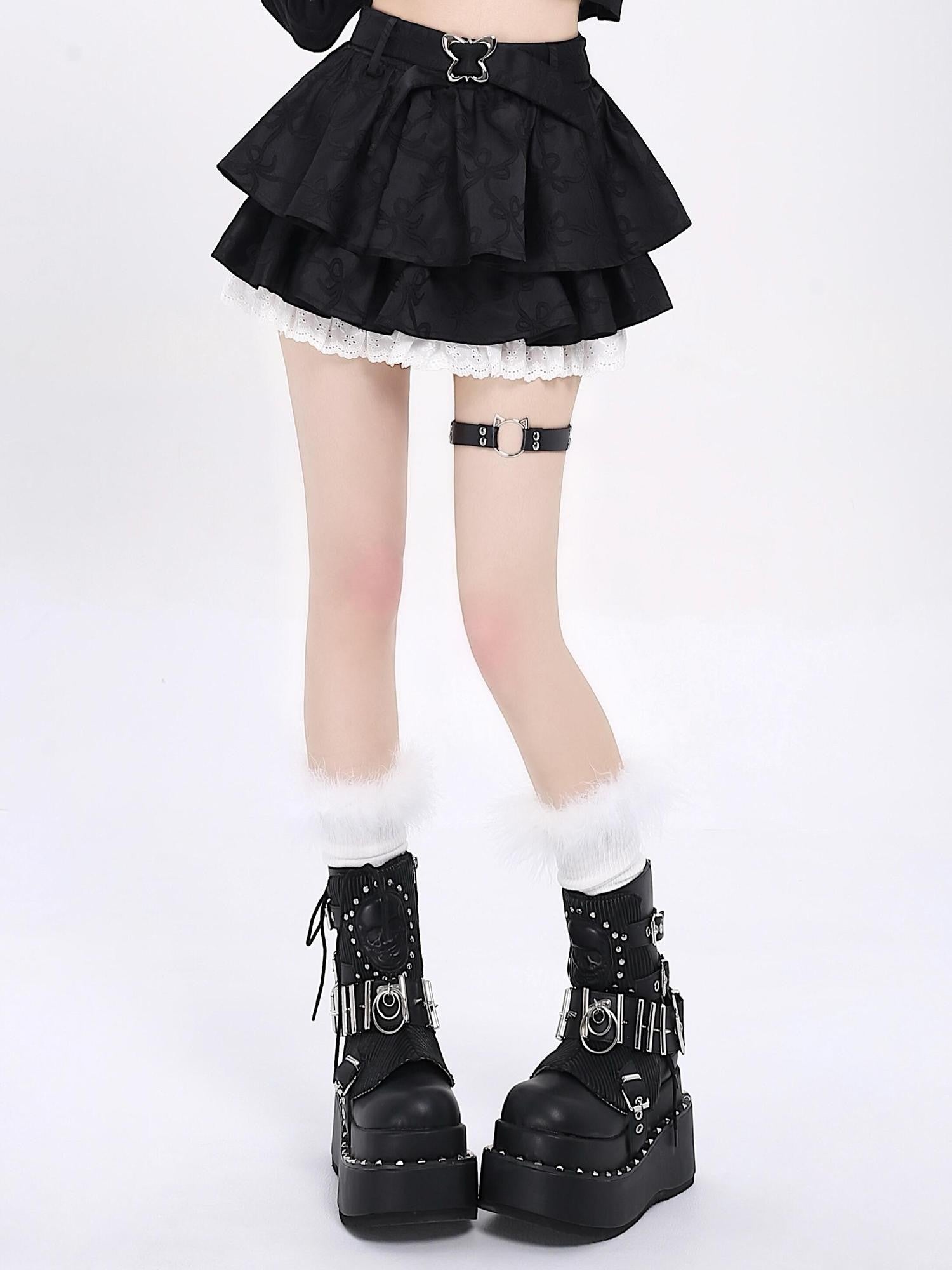 Crazy Girl Long Leg Bow Jacquard Pleated Puff A Line Women&