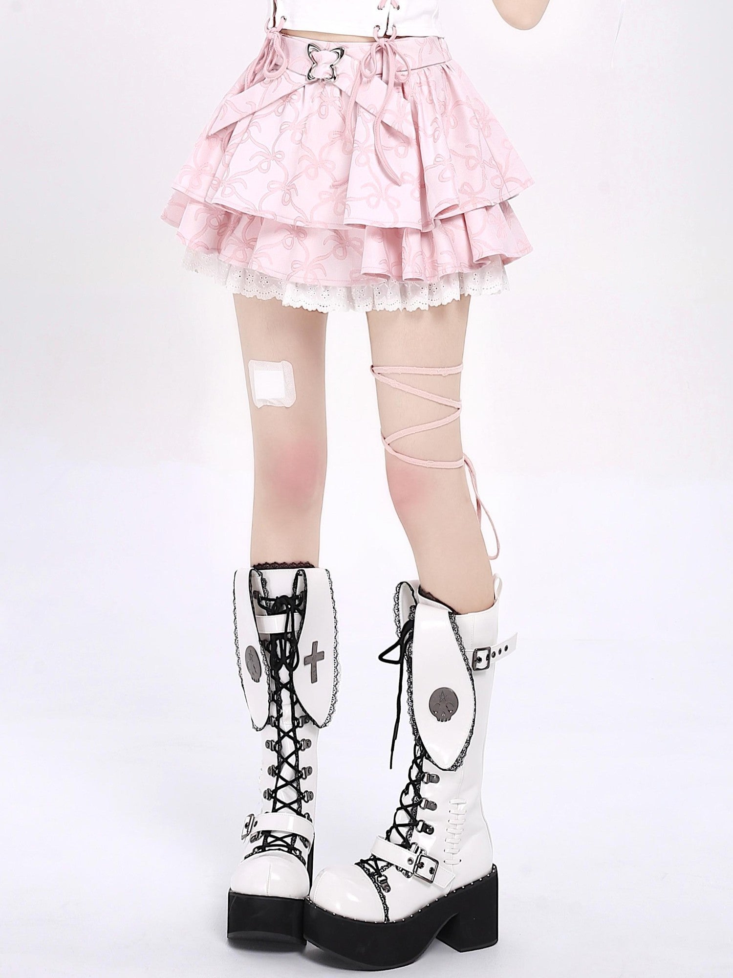 Crazy Girl Long Leg Bow Jacquard Pleated Puff A Line Women&