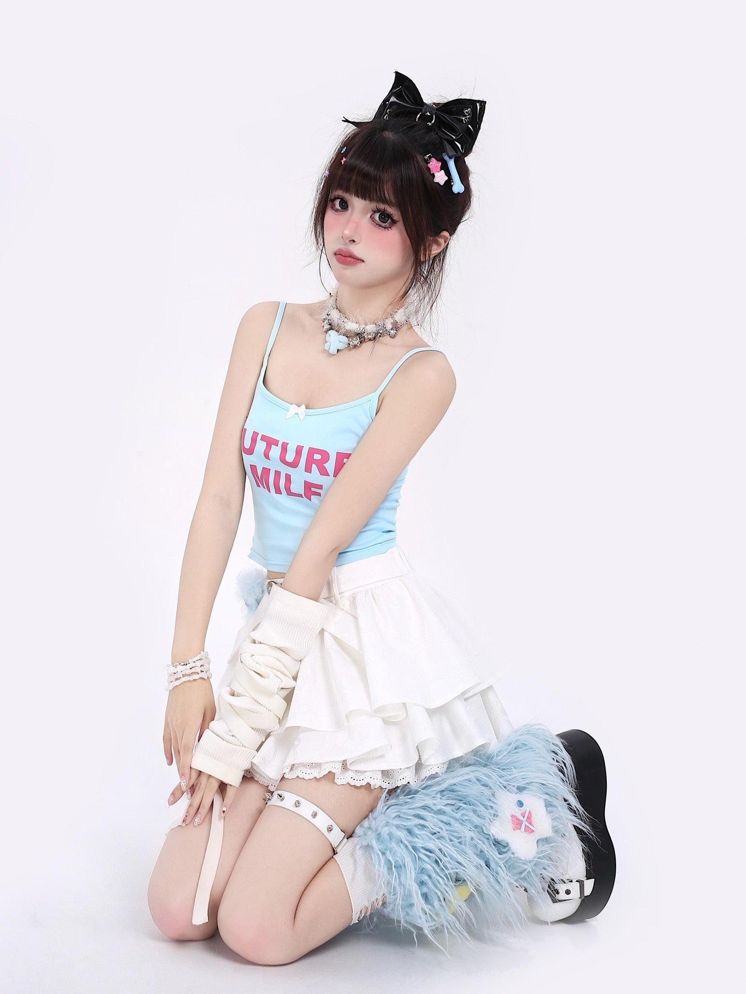 Crazy Girl Long Leg Bow Jacquard Pleated Puff A Line Women&