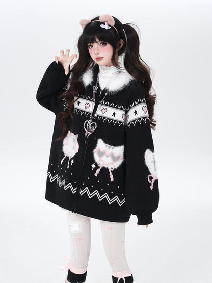 Crazy_Girl_Loose_Long_Sleeve_Cat_Ear_Hooded_Zipper_Knit_Women&