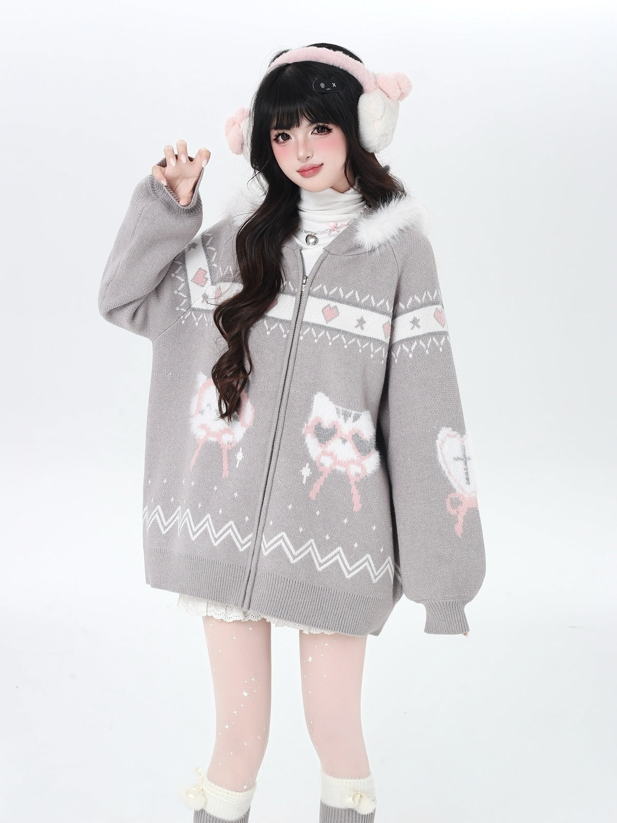 Crazy_Girl_Loose_Long_Sleeve_Cat_Ear_Hooded_Zipper_Knit_Women&