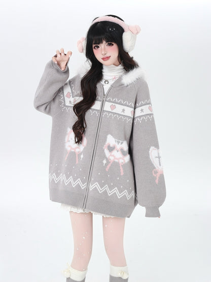 Crazy_Girl_Loose_Long_Sleeve_Cat_Ear_Hooded_Zipper_Knit_Women&