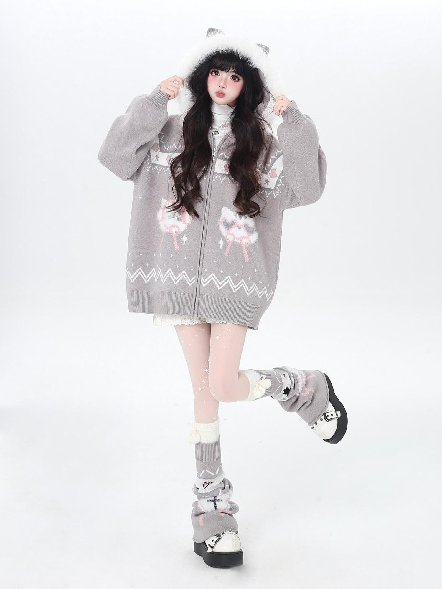 Crazy Girl Loose Long Sleeve Cat Ear Hooded Zipper Knit Women&
