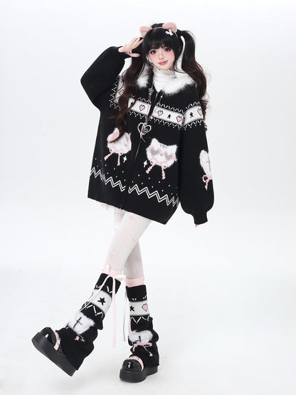 Crazy Girl Loose Long Sleeve Cat Ear Hooded Zipper Knit Women&