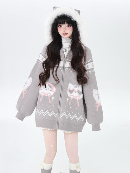 Crazy Girl Loose Long Sleeve Cat Ear Hooded Zipper Knit Women&