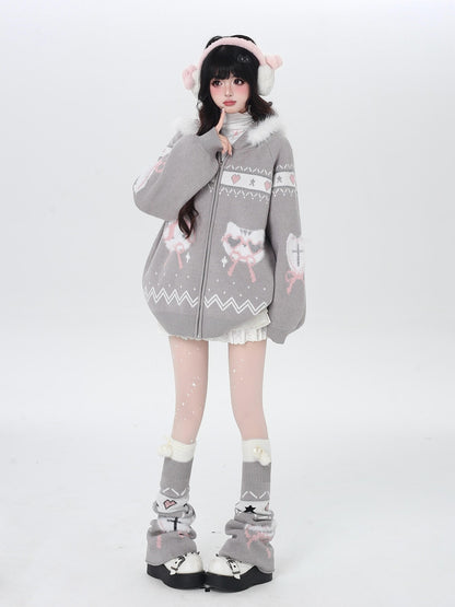 Crazy Girl Loose Long Sleeve Cat Ear Hooded Zipper Knit Women&