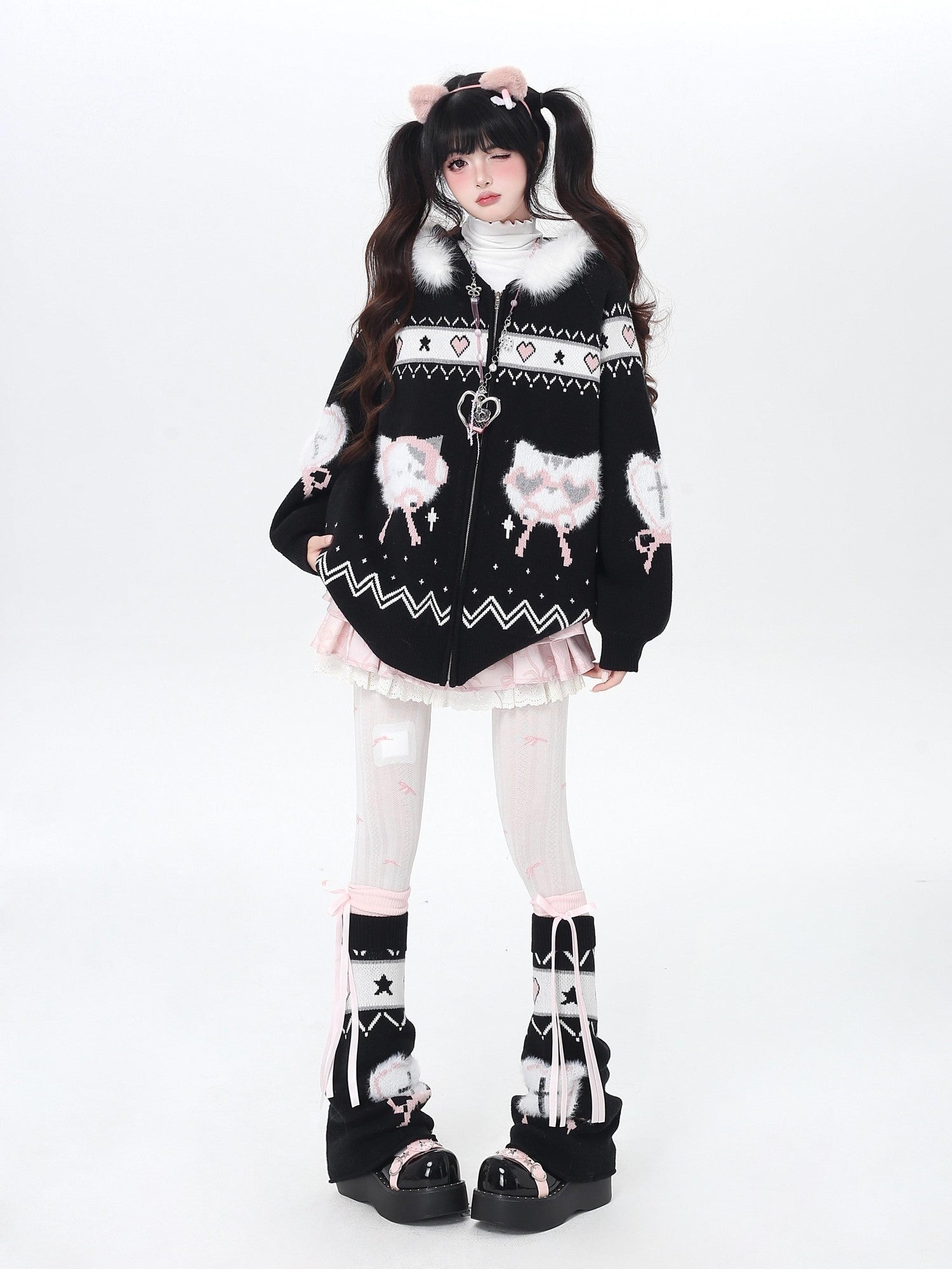 Crazy Girl Loose Long Sleeve Cat Ear Hooded Zipper Knit Women&