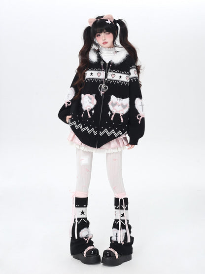 Crazy Girl Loose Long Sleeve Cat Ear Hooded Zipper Knit Women&