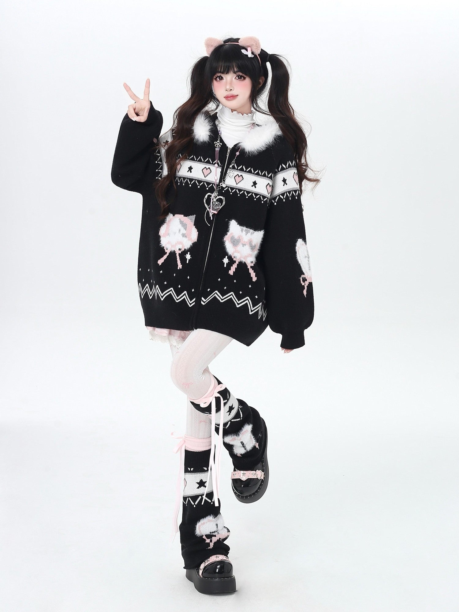 Crazy Girl Loose Long Sleeve Cat Ear Hooded Zipper Knit Women&