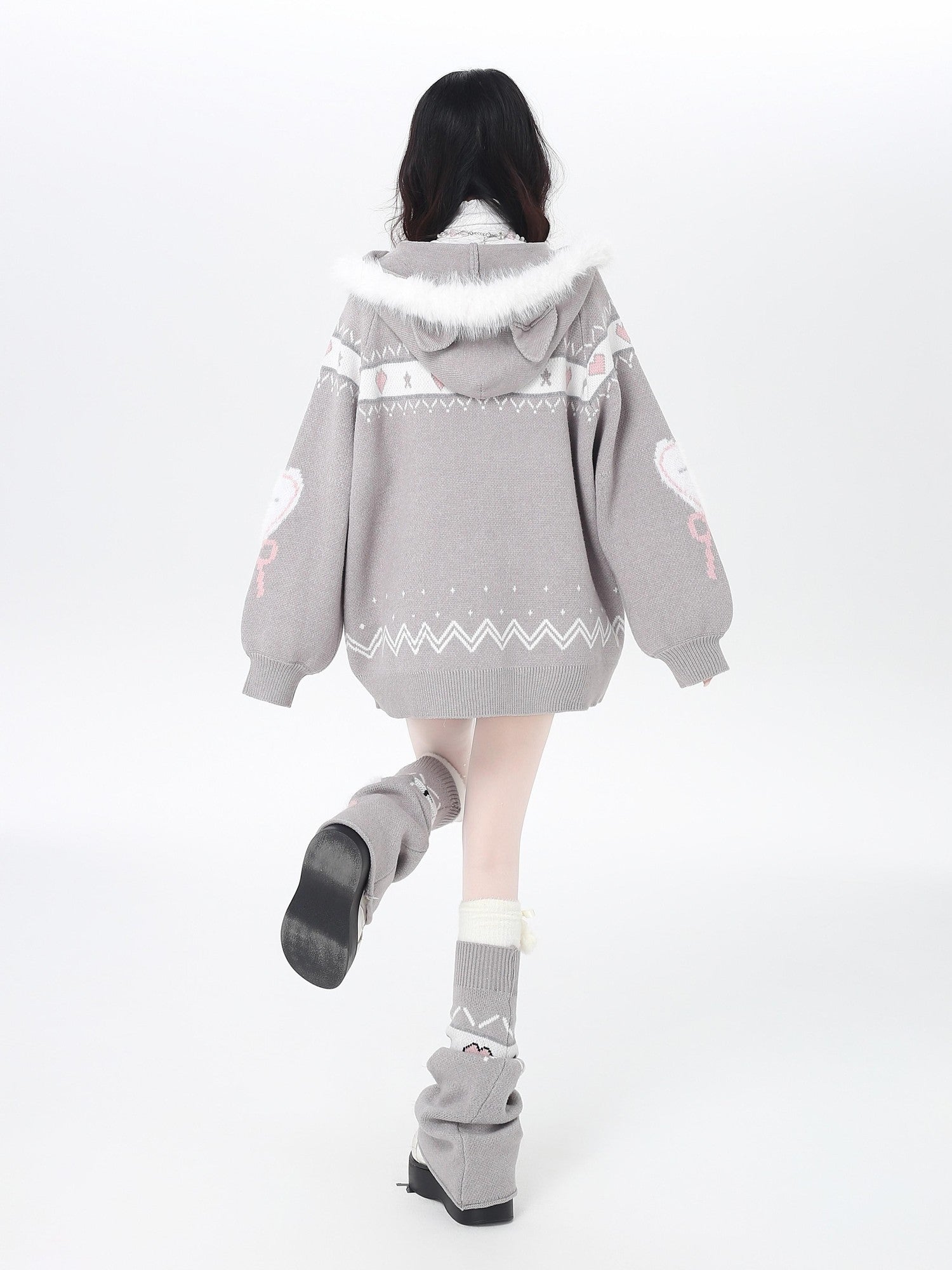Crazy Girl Loose Long Sleeve Cat Ear Hooded Zipper Knit Women&