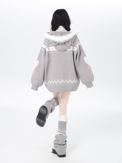 Crazy Girl Loose Long Sleeve Cat Ear Hooded Zipper Knit Women&