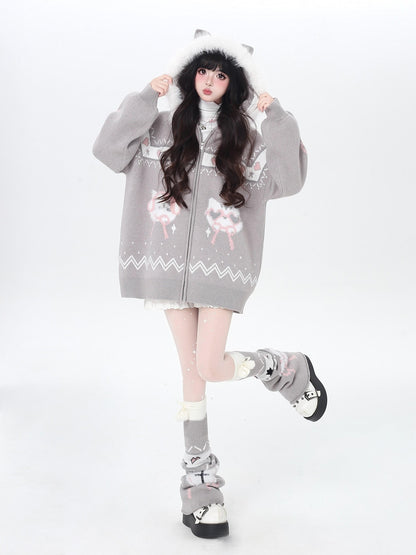 Crazy Girl Loose Long Sleeve Cat Ear Hooded Zipper Knit Women&