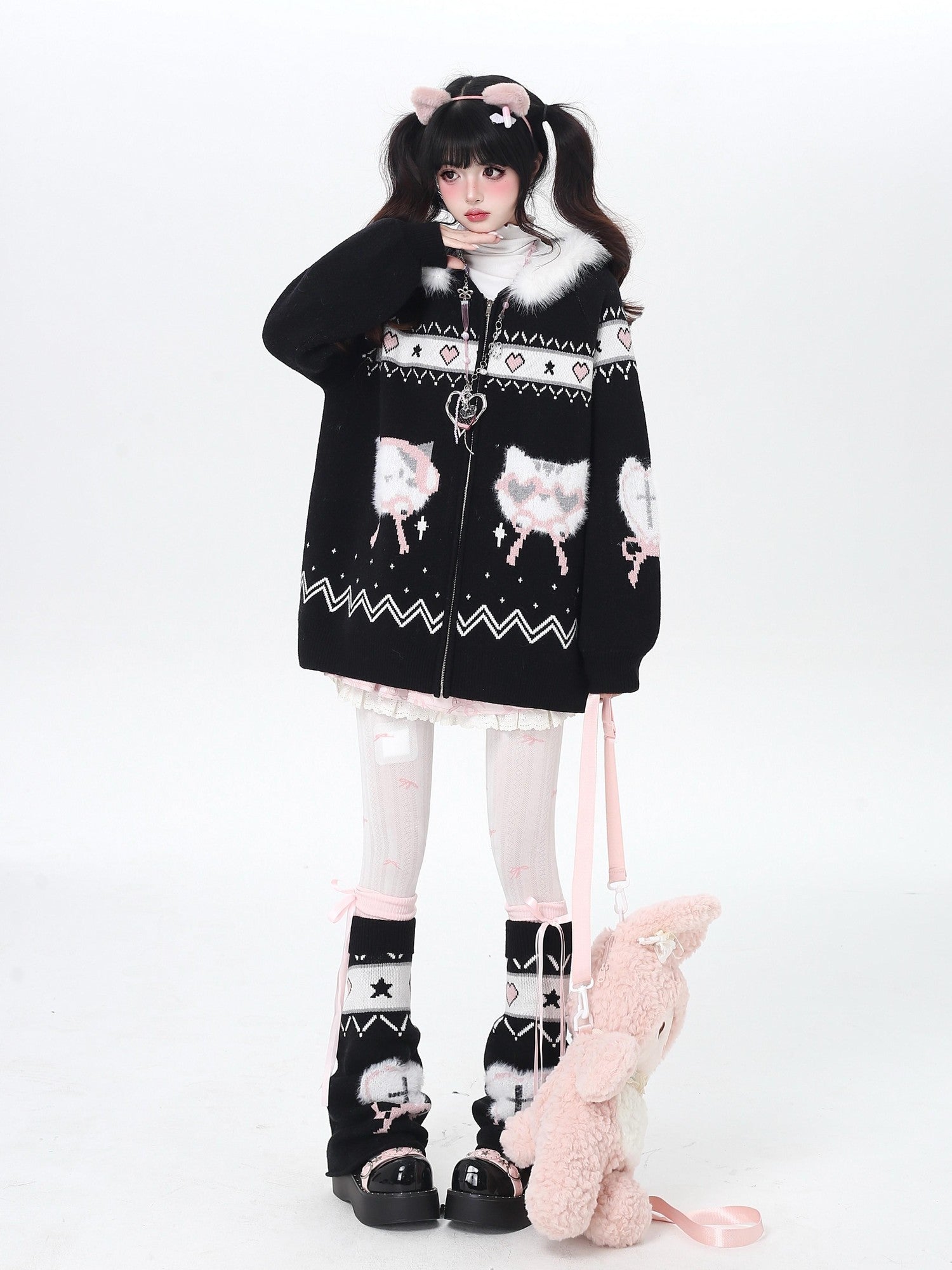 Crazy Girl Loose Long Sleeve Cat Ear Hooded Zipper Knit Women&