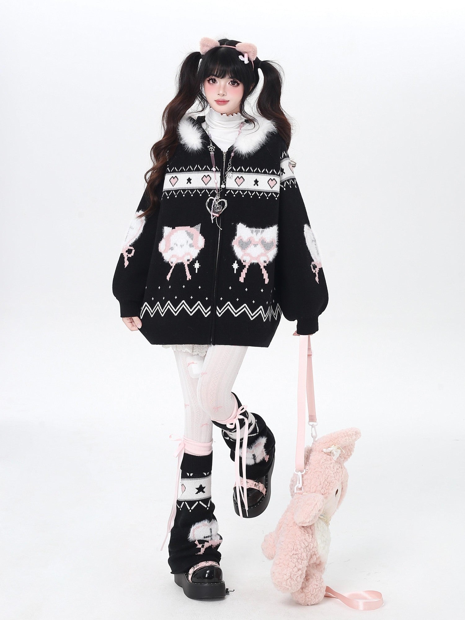 Crazy Girl Loose Long Sleeve Cat Ear Hooded Zipper Knit Women&