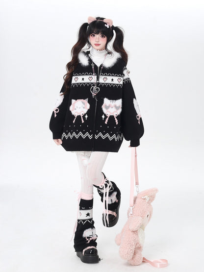 Crazy Girl Loose Long Sleeve Cat Ear Hooded Zipper Knit Women&
