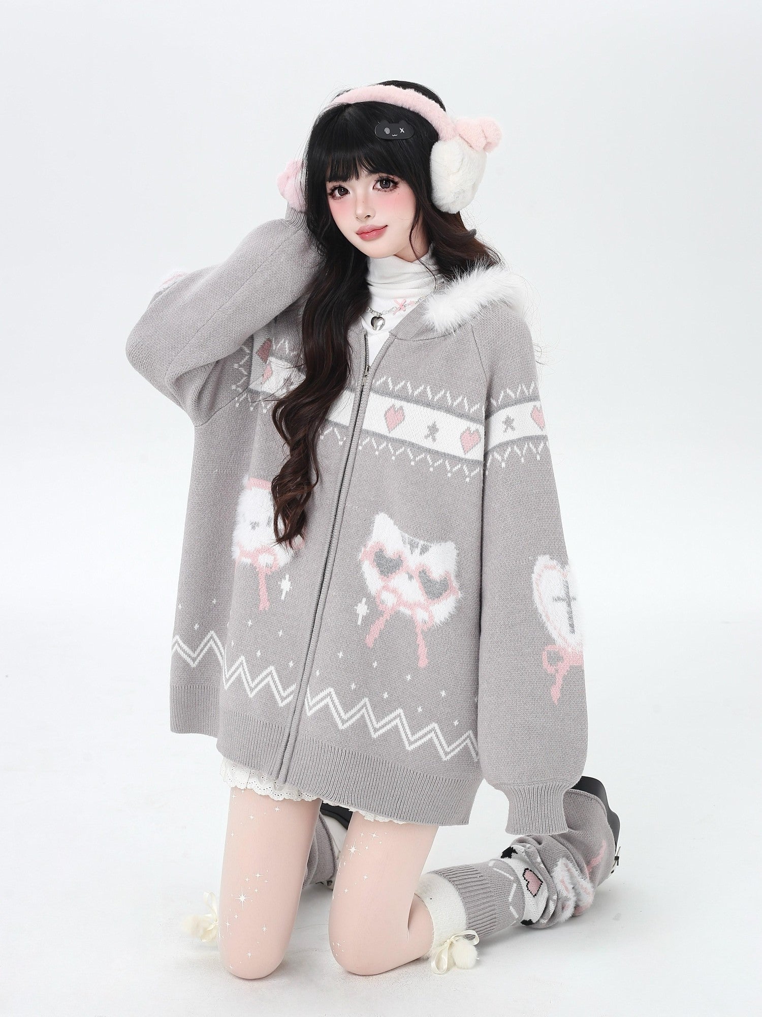 Crazy Girl Loose Long Sleeve Cat Ear Hooded Zipper Knit Women&