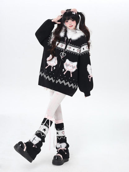 Crazy Girl Loose Long Sleeve Cat Ear Hooded Zipper Knit Women&