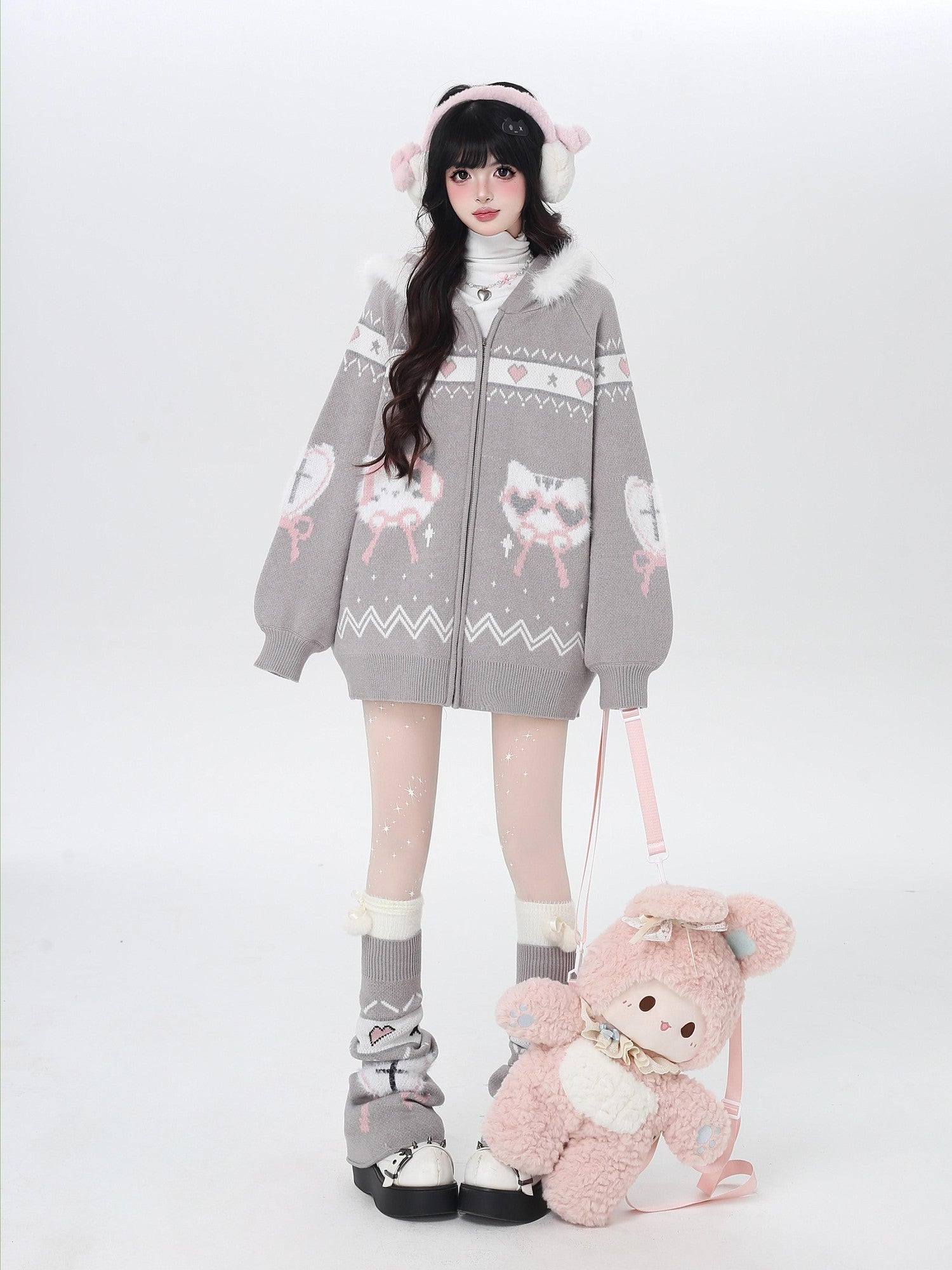 Crazy Girl Loose Long Sleeve Cat Ear Hooded Zipper Knit Women&