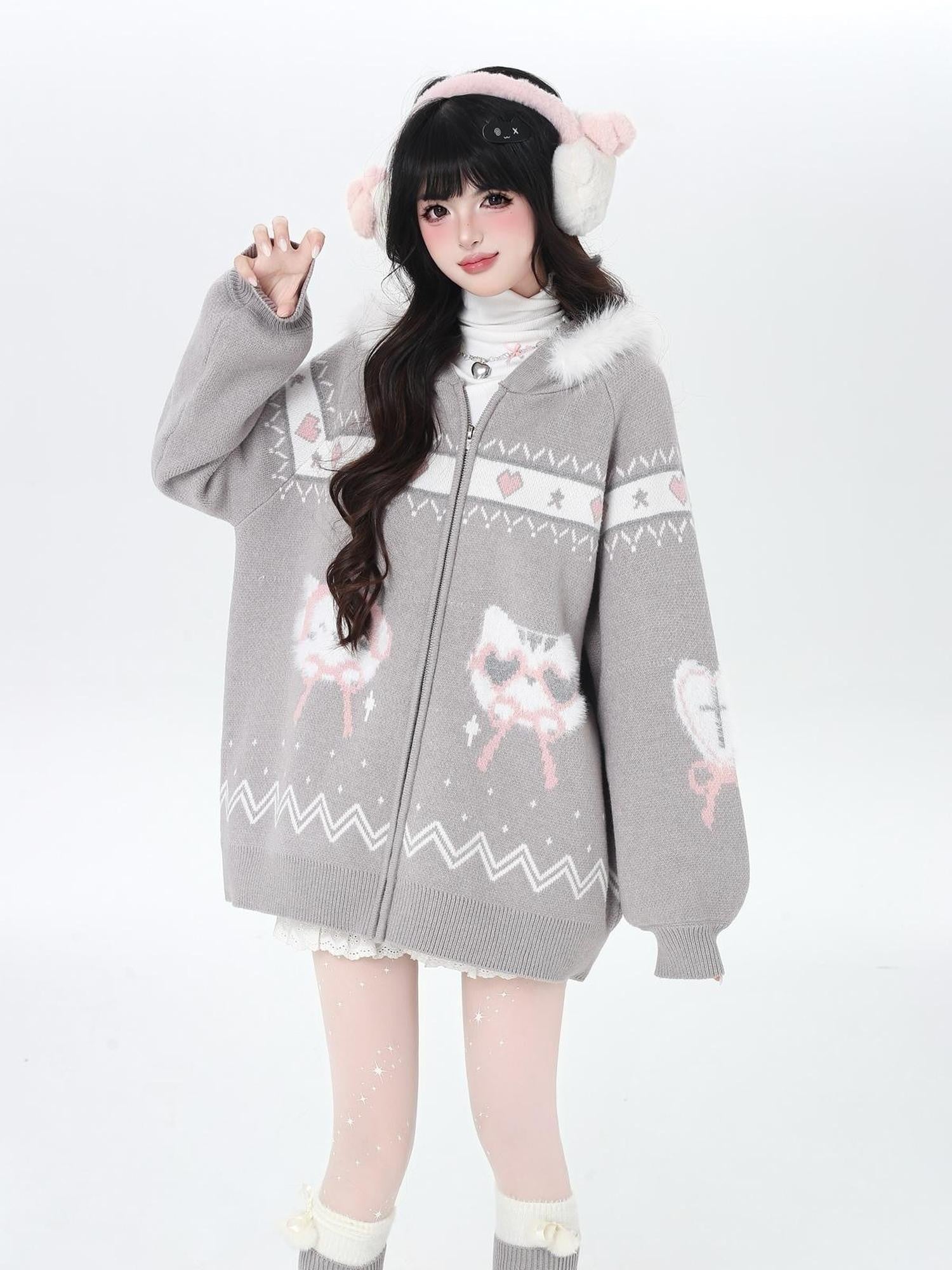 Crazy Girl Loose Long Sleeve Cat Ear Hooded Zipper Knit Women&