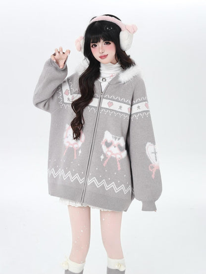 Crazy Girl Loose Long Sleeve Cat Ear Hooded Zipper Knit Women&