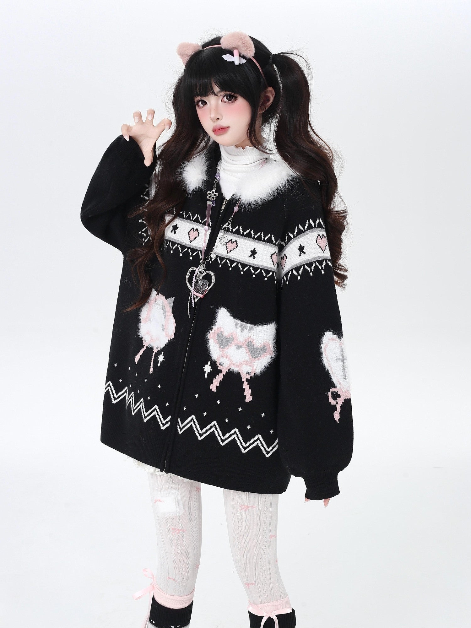 Crazy Girl Loose Long Sleeve Cat Ear Hooded Zipper Knit Women&