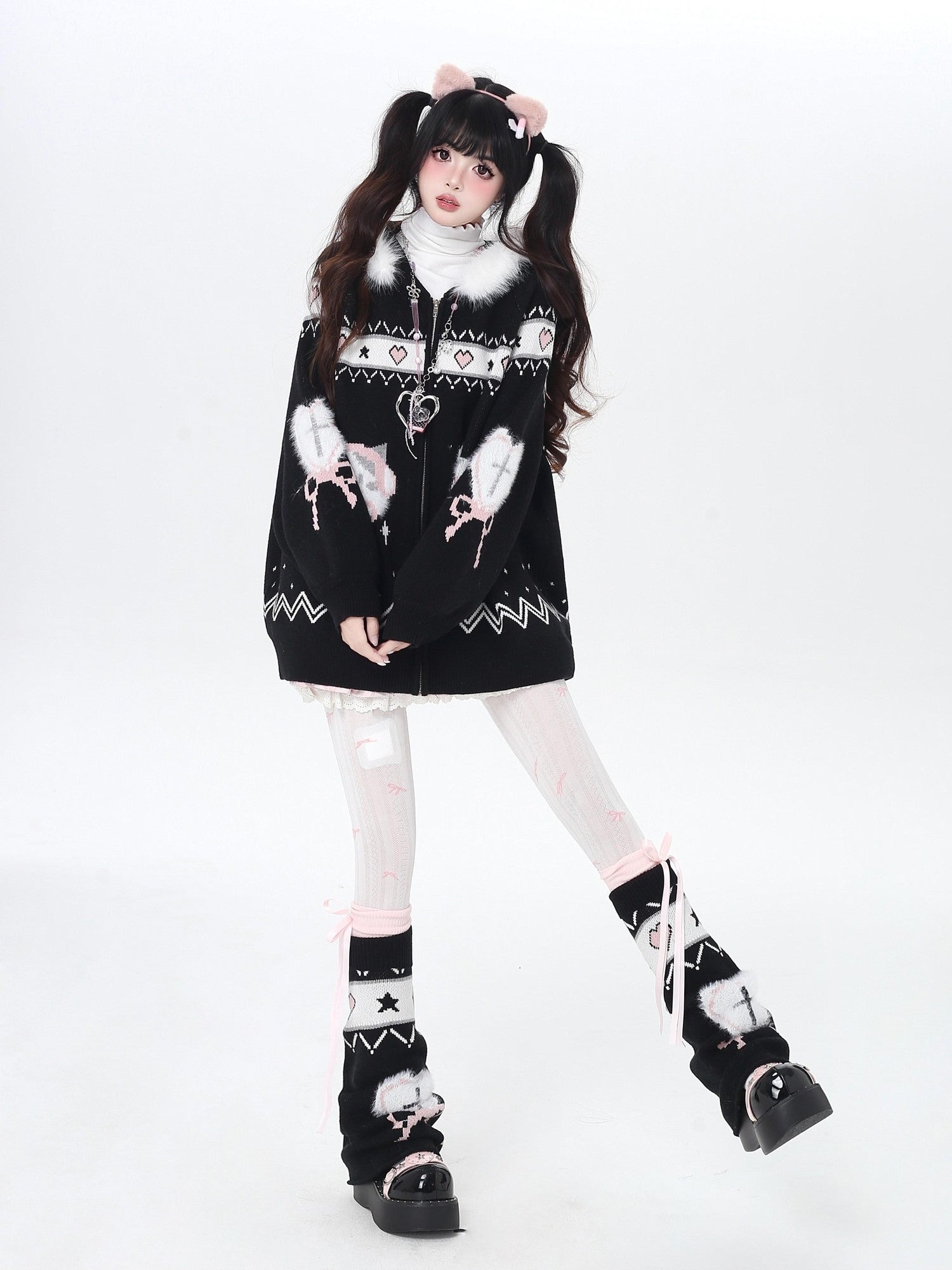 Crazy Girl Loose Long Sleeve Cat Ear Hooded Zipper Knit Women&