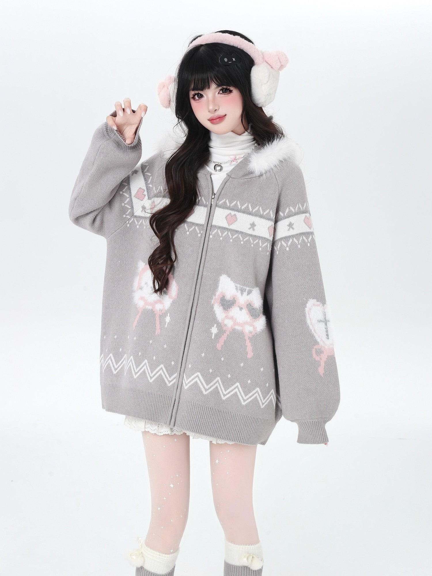 Crazy Girl Loose Long Sleeve Cat Ear Hooded Zipper Knit Women&
