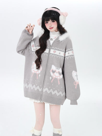 Crazy Girl Loose Long Sleeve Cat Ear Hooded Zipper Knit Women&