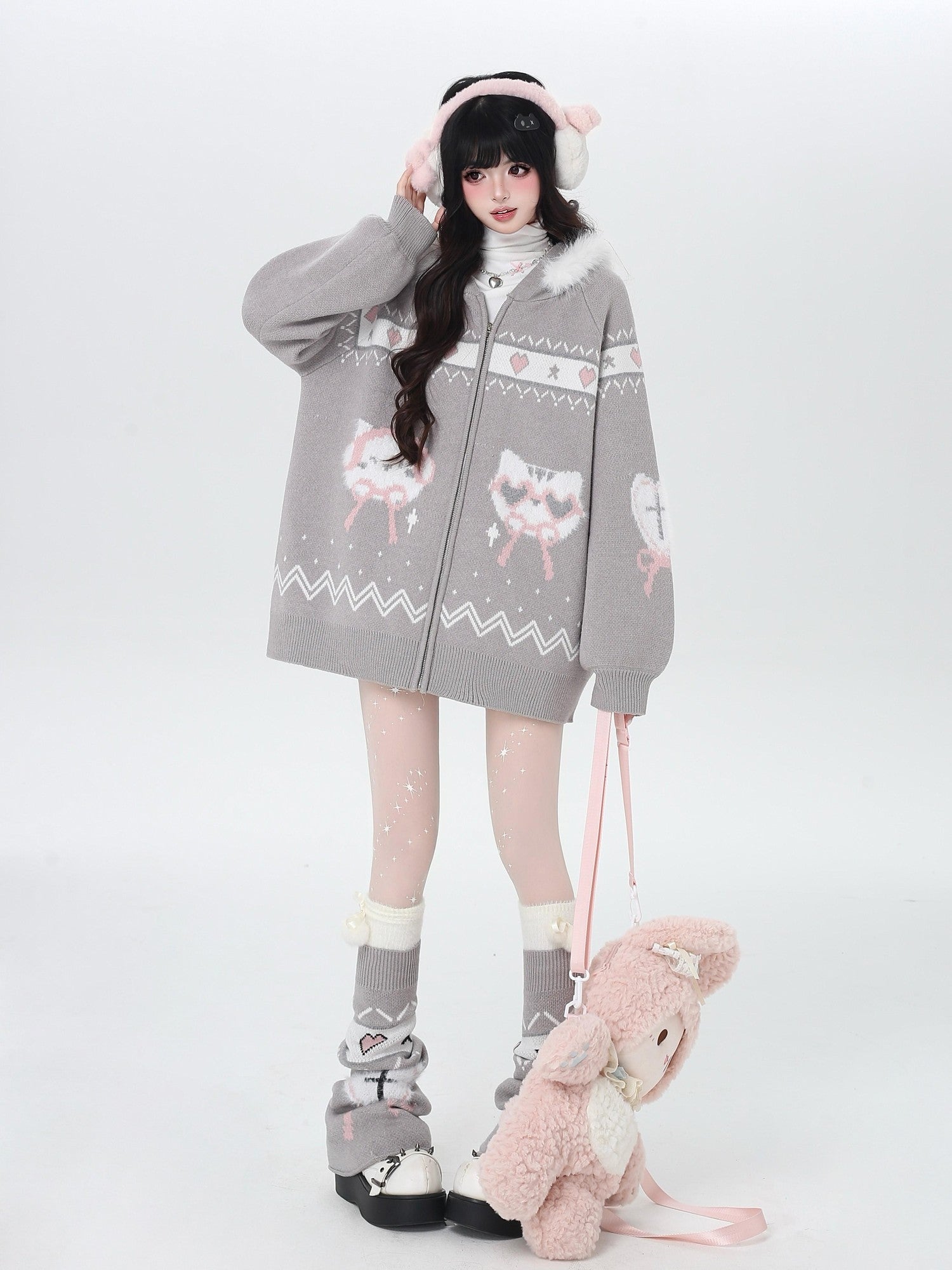Crazy Girl Loose Long Sleeve Cat Ear Hooded Zipper Knit Women&