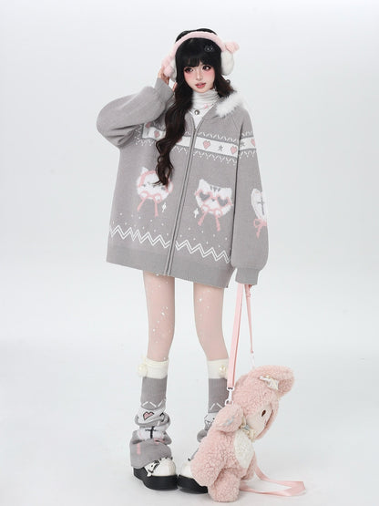 Crazy Girl Loose Long Sleeve Cat Ear Hooded Zipper Knit Women&
