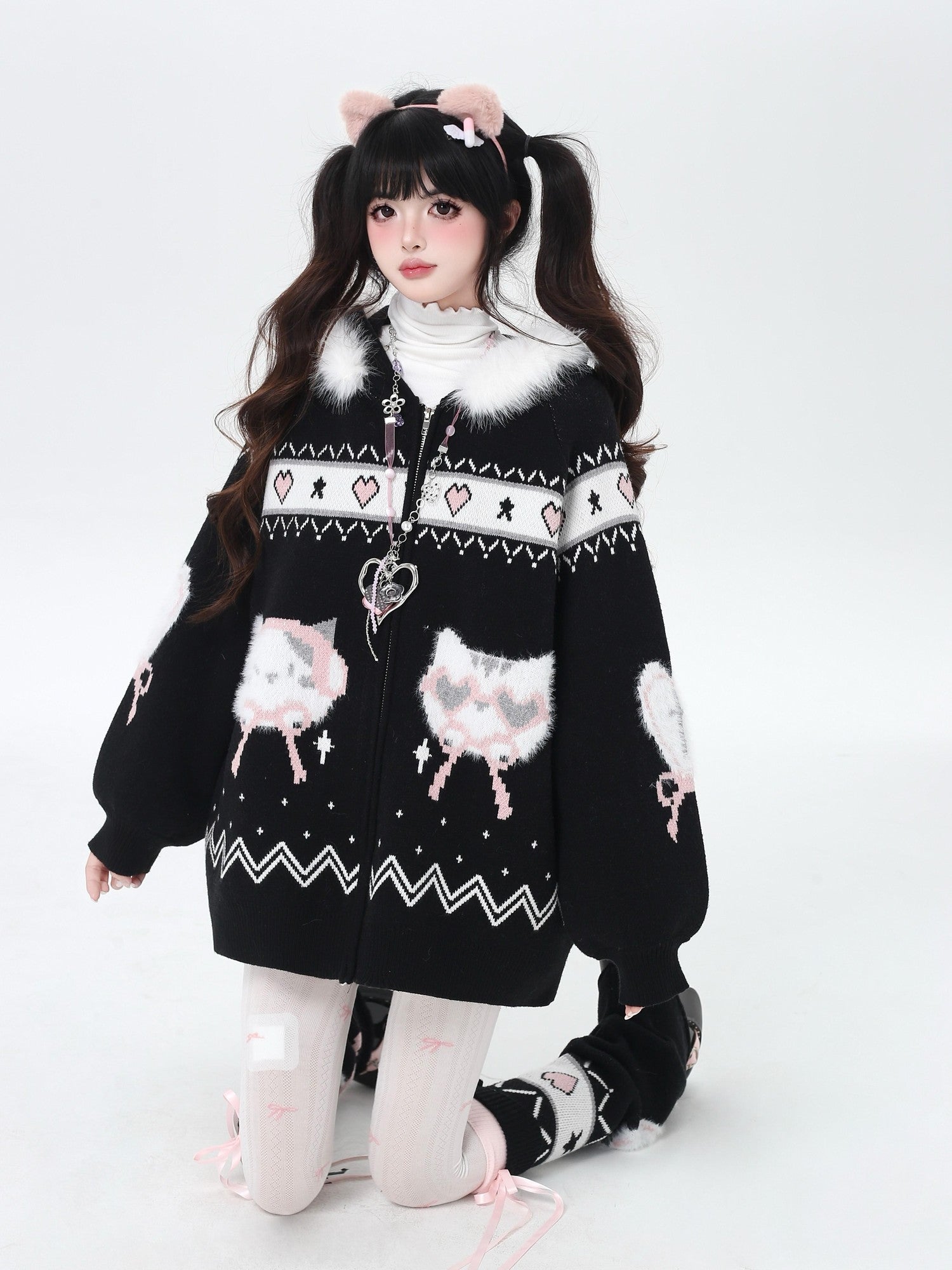 Crazy Girl Loose Long Sleeve Cat Ear Hooded Zipper Knit Women&