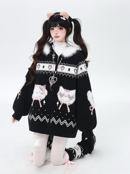 Crazy Girl Loose Long Sleeve Cat Ear Hooded Zipper Knit Women&