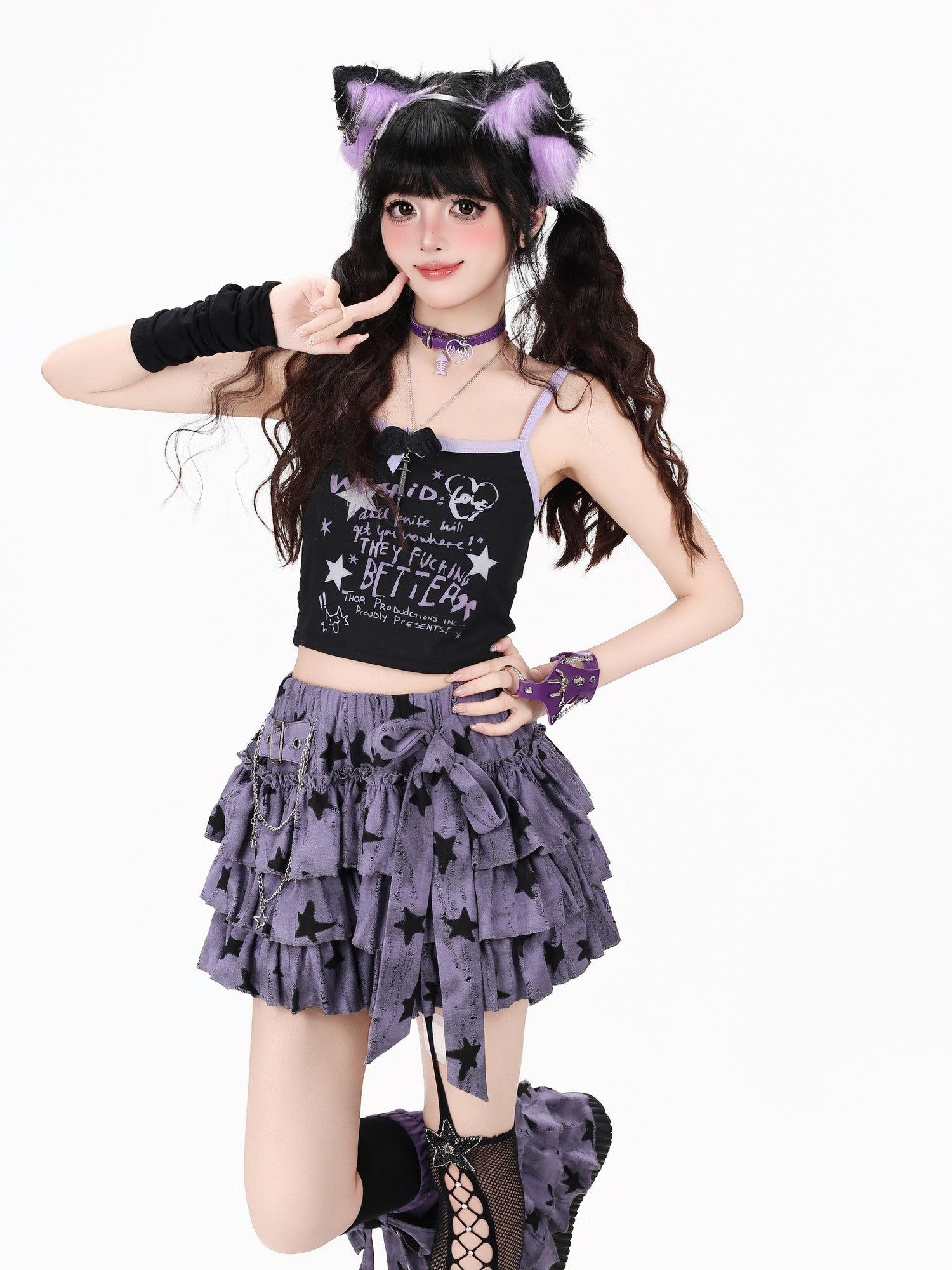 Crazy Girl Low Saturation Printed Distressed Ripped High Waist Tiered Women&