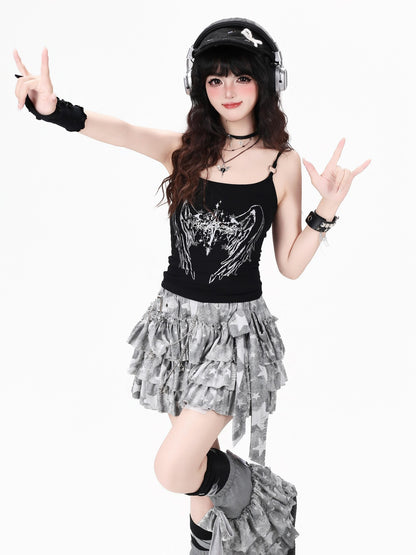 Crazy Girl Low Saturation Printed Distressed Ripped High Waist Tiered Women&