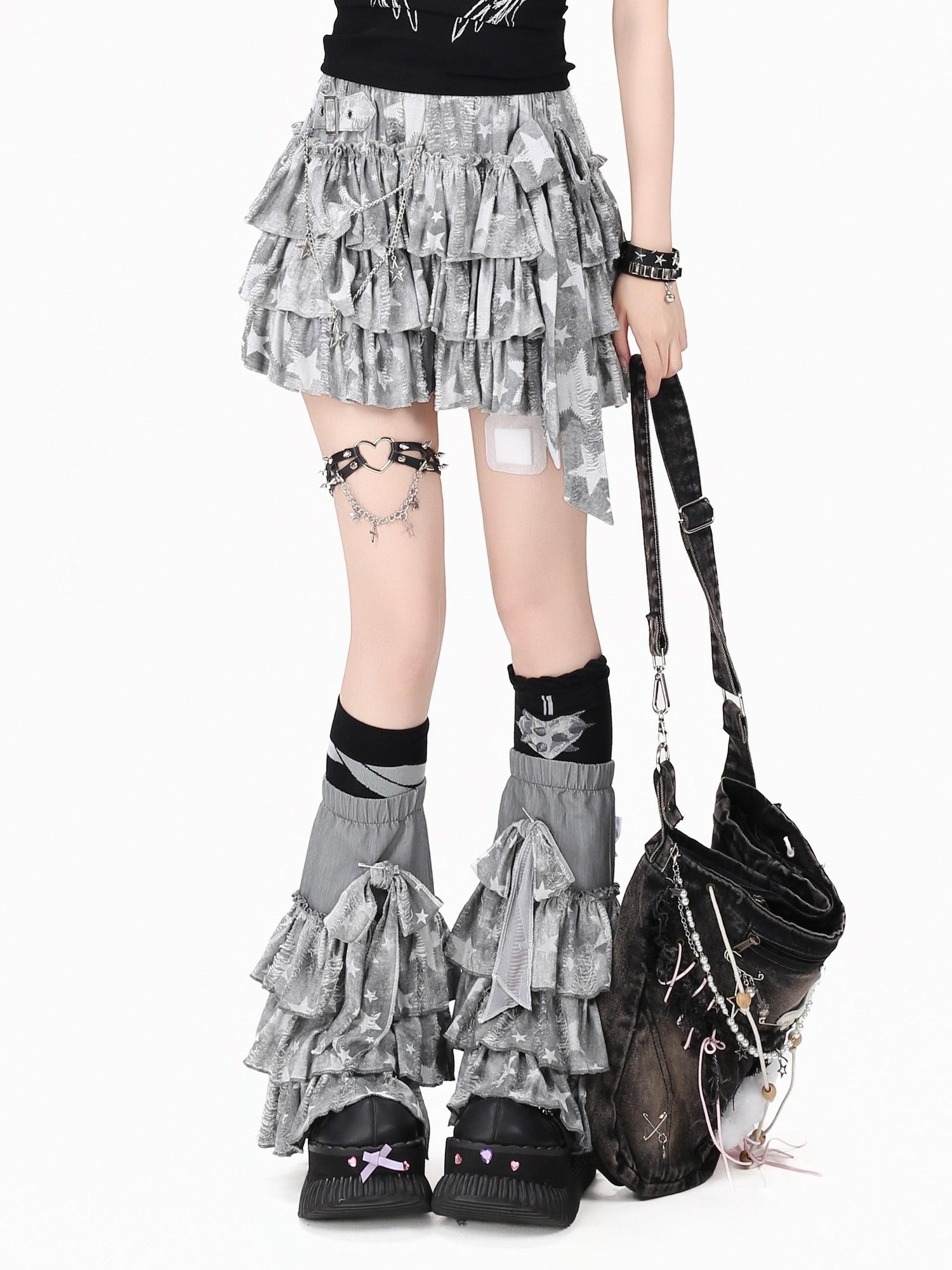 Crazy Girl Low Saturation Printed Distressed Ripped High Waist Tiered Women&