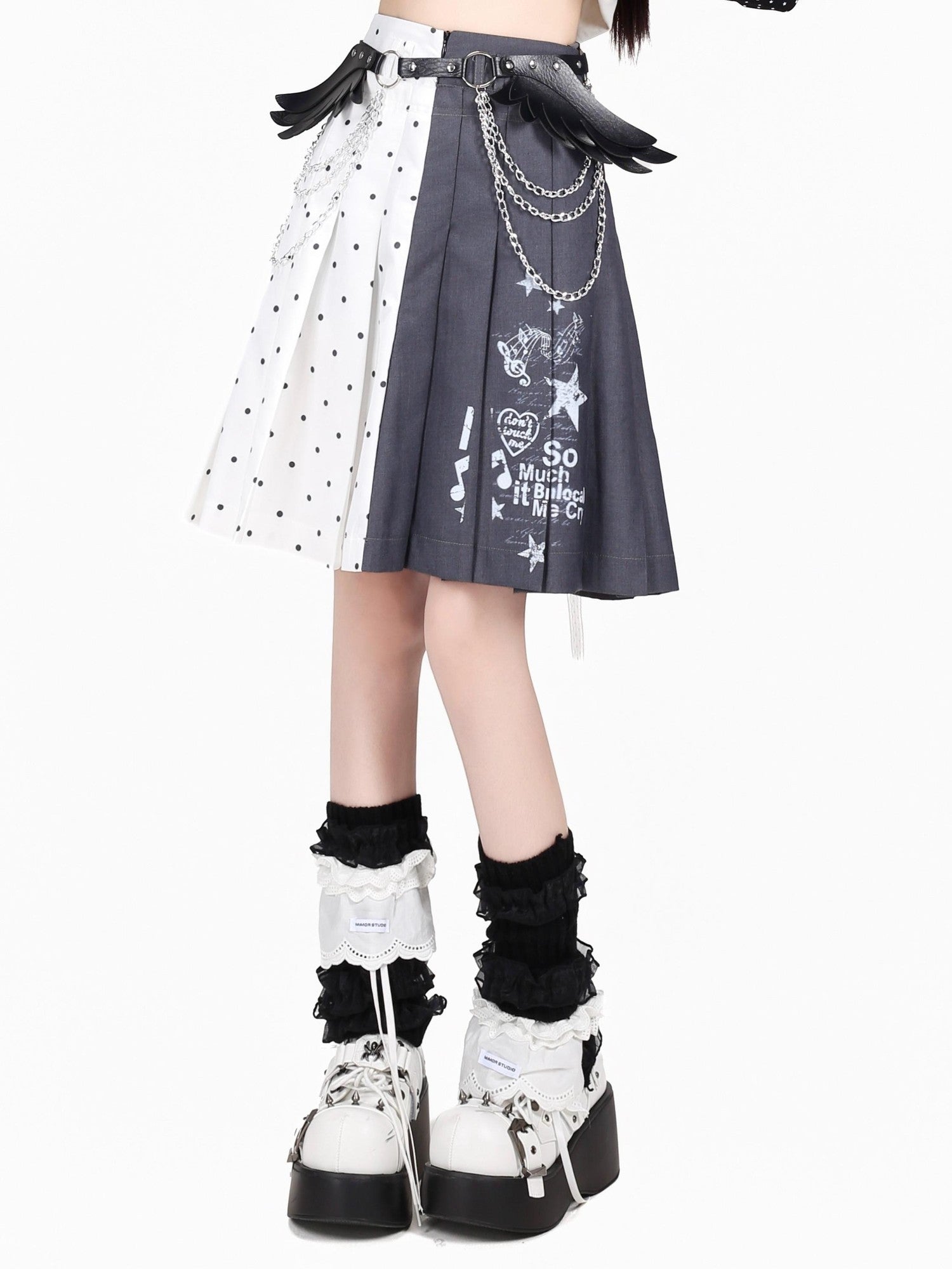Crazy Girl Music Note Polka Dot High Waist Zipper School Women&